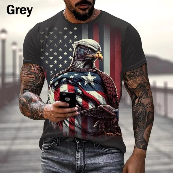 2023 American Flag T-Shirt Bald Eagle 3D Printing Men\'s T-Shirt Street Hip Hop Fashion Oversized Men\'s Tops