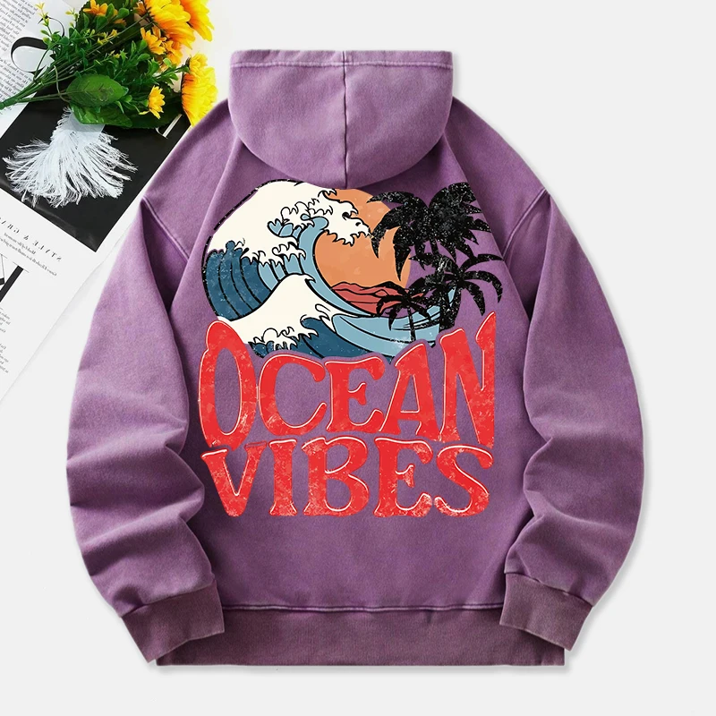 

Ocean Vibes Washed Hoodies Women Sea Wave Prints Cotton Pullovers Long Sleeves Pocket Oversize Hooded Fashion Womans Clothes