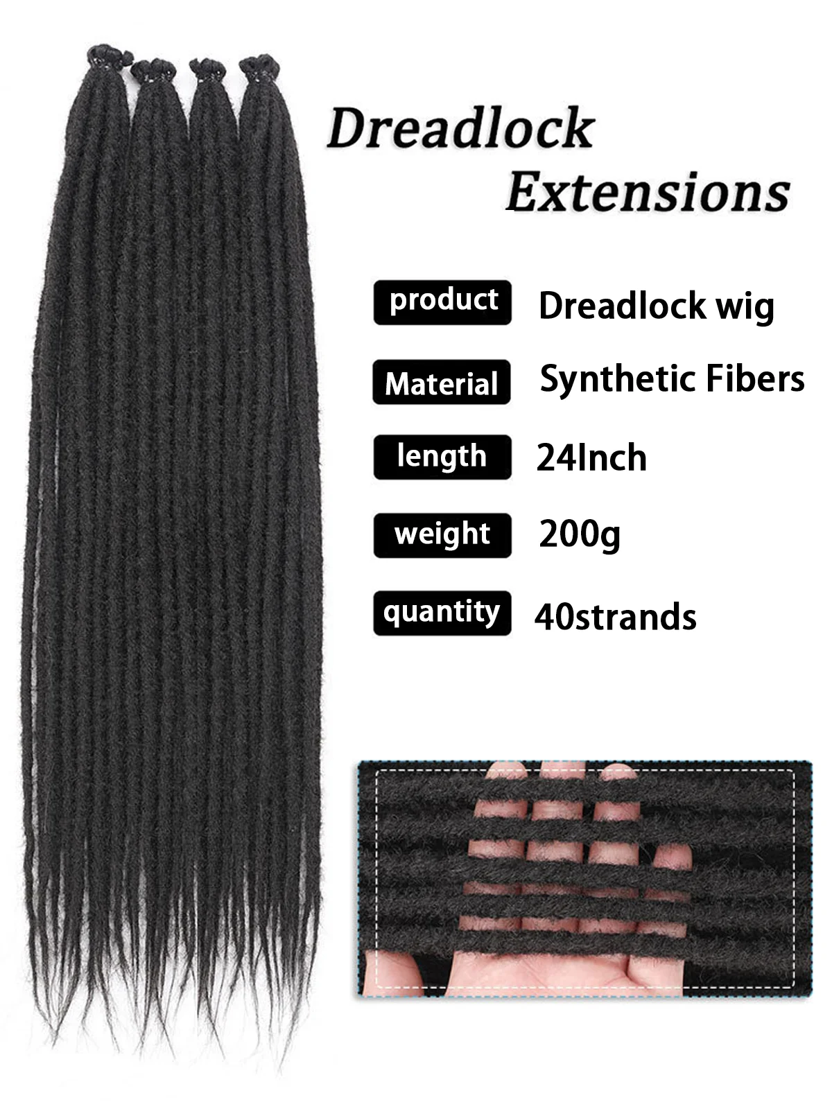 24" Straight Dreadlocks Clip-in Extensions | 10 Strands | Thin & Soft Synthetic Hair | Natural Look | Easy to Install