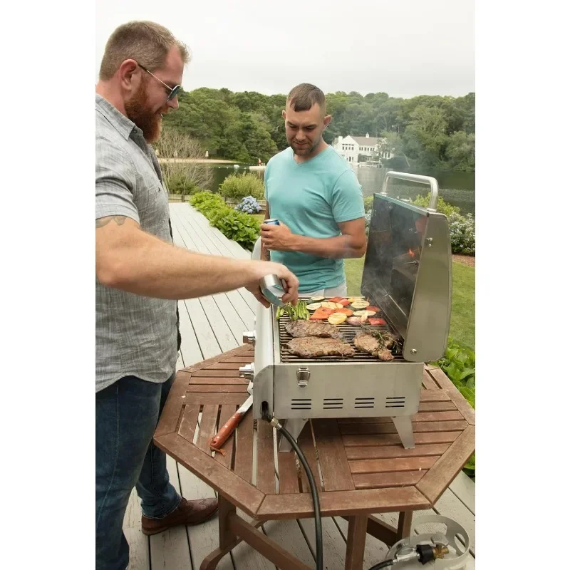 شواية غاز البروبان المحمولة على سطح الطاولة من Cuisinart Chef مع شعلات مزدوجة (إجمالي 20000 وحدة حرارية بريطانية)، شواية صغيرة من الفولاذ المقاوم للصدأ