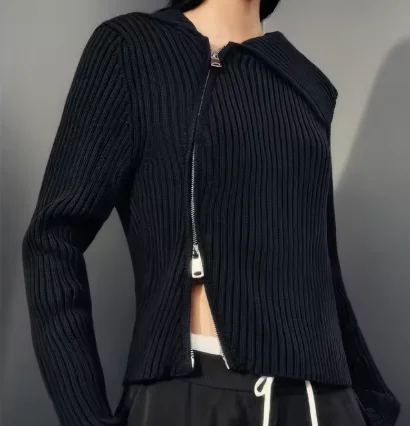 Asymmetric Big Fold Collar Ribbed Knit Cardigan Diagonal Full Zip Long Sleeve Slim Fit Solid Navy Cropped Knit Pullover 260701