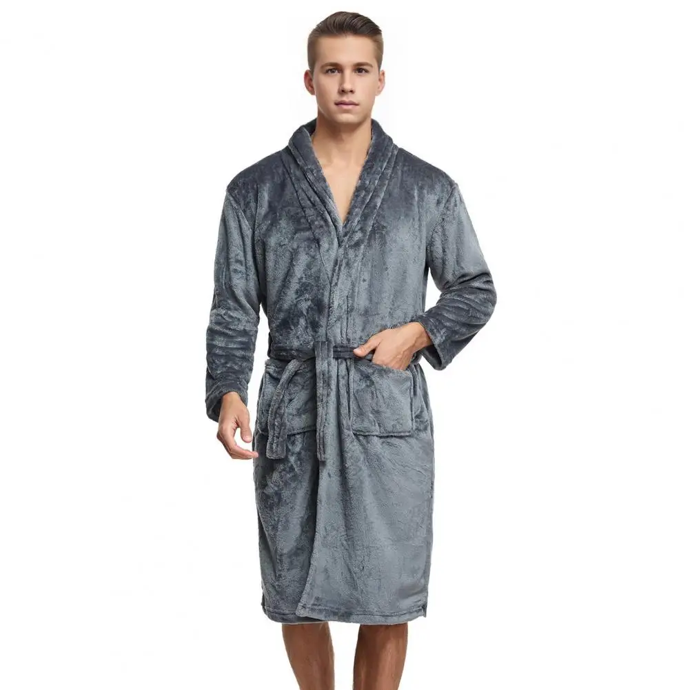 ผู้ชาย Flannel Nightgown พร้อมกระเป๋าสีทึบแขนยาว LACE-up Loungewear เปิดด้านหน้าเข่า-ความยาว Men Lounge ชุดนอน