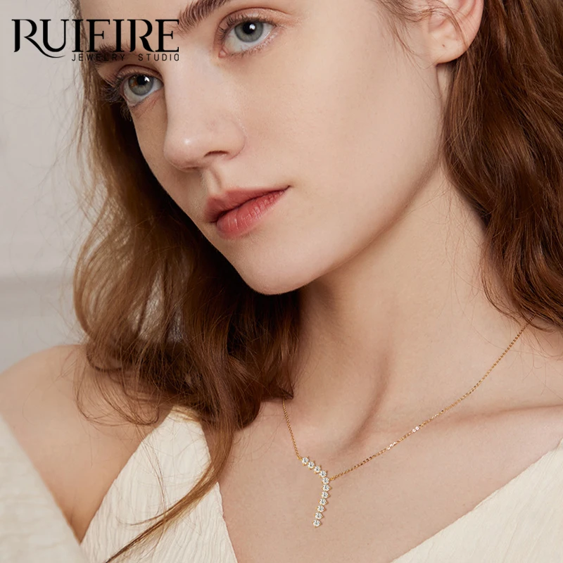 

RUIFIRE Graduated Moissanite Y Shaped Pendant Necklace 14K Gold Plated 925 Sterling Silver Chain Necklaces Women Wedding Party
