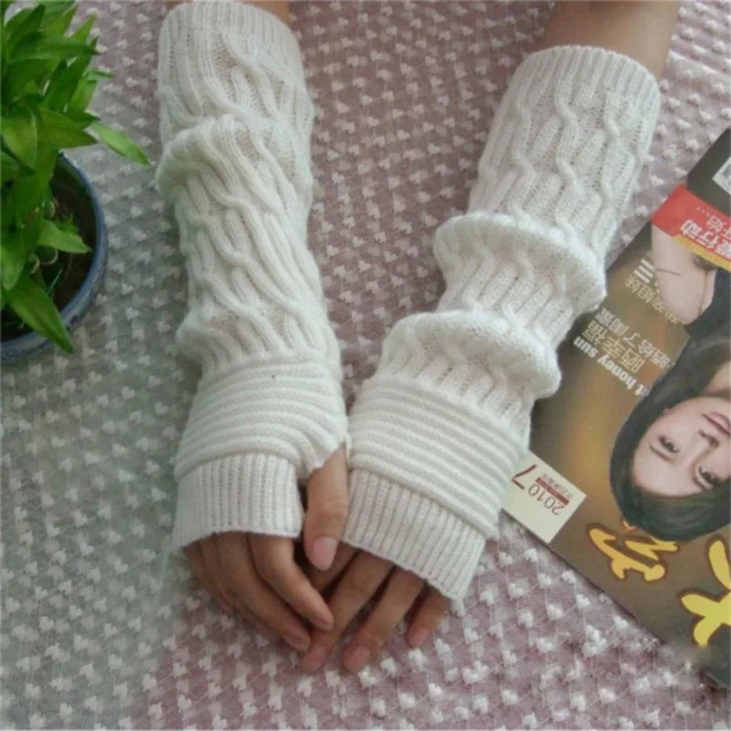Women Long Fingerless Gloves Winter Mitten Knitted Warmer Arm Sleeve Thin Casual Soft Fingerless Unisex Gloves