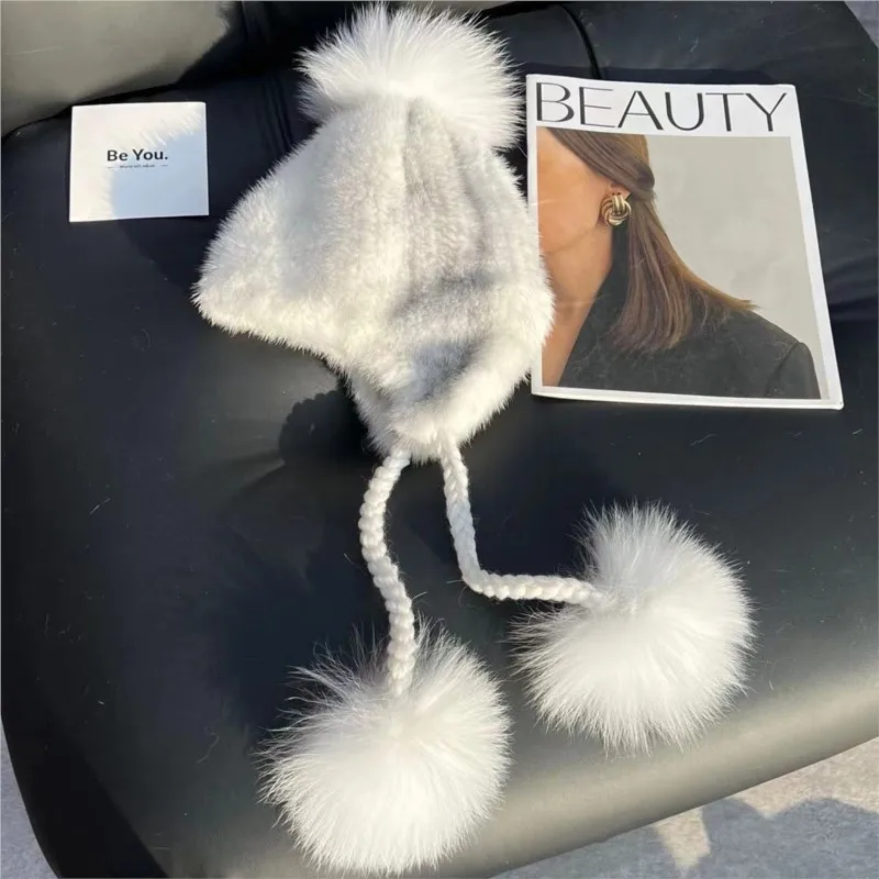 

Fur hat children double-sided elastic high-density woven casual warm cute and ear-protecting balls