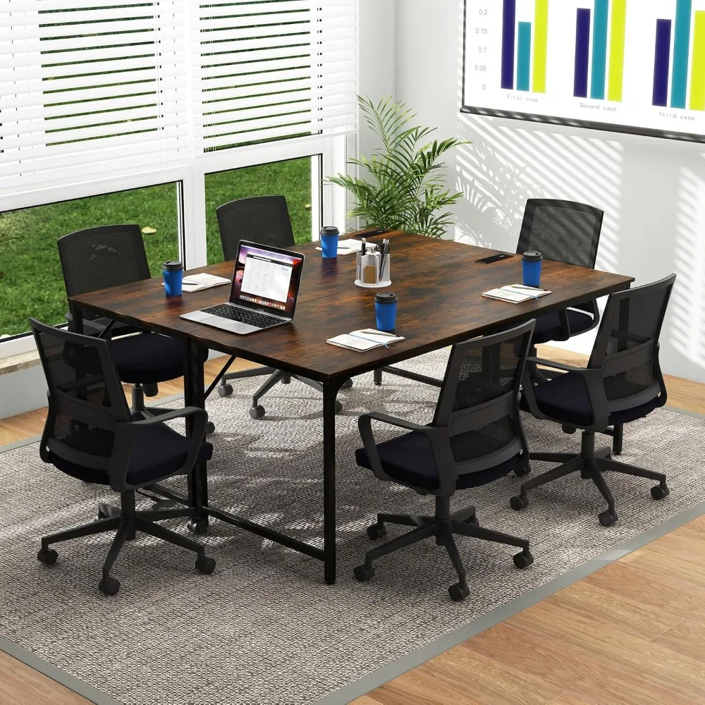 Conference Desk Set, Modern Boardroom Desk with Storage Bag, Headphone Hook, Sturdy Metal Frame, Rectangular Seminar Table