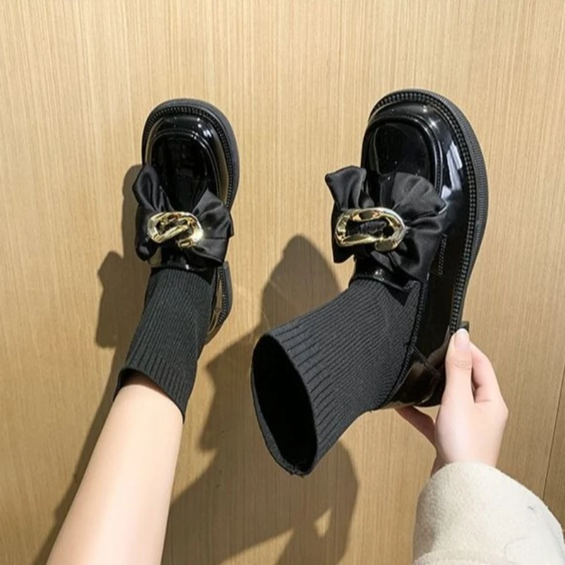 

Women's Socks Boots 2025 Spring Autumn New Black Knitted Bow Knot Slim Fit Loafer Ankle Boots