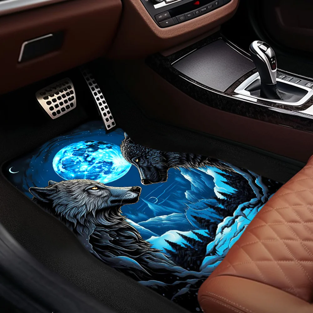 4pcs Car Floor Mats With Two Wolf Kings Howling At The Moon Celtic Knot Design - All-Season Heavy Duty Protection, Non-Slip Driv