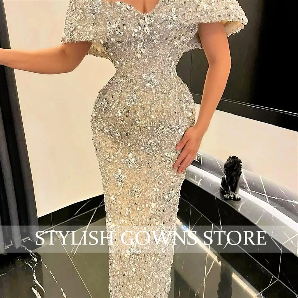 Saudi Arabic Sparkly Bead Diamonds Evening Dress Gems Crystals Glitter Prom Gown Birthday Party Dress Vestidos De فستان وردي