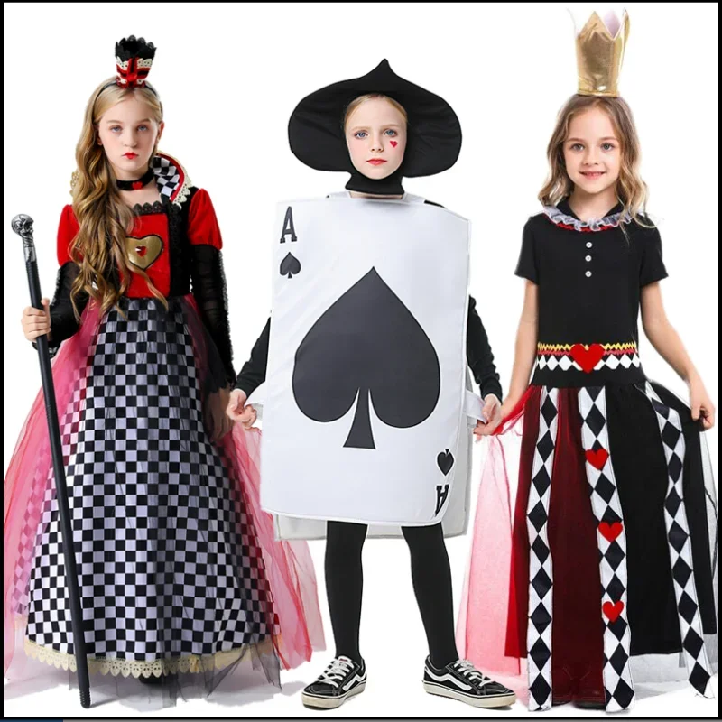 Alice in Wonderland Red Queen Costume Kids Adult Red Heart A Black Heart Playing Card Costume Halloween Masquerade Fancty Dress