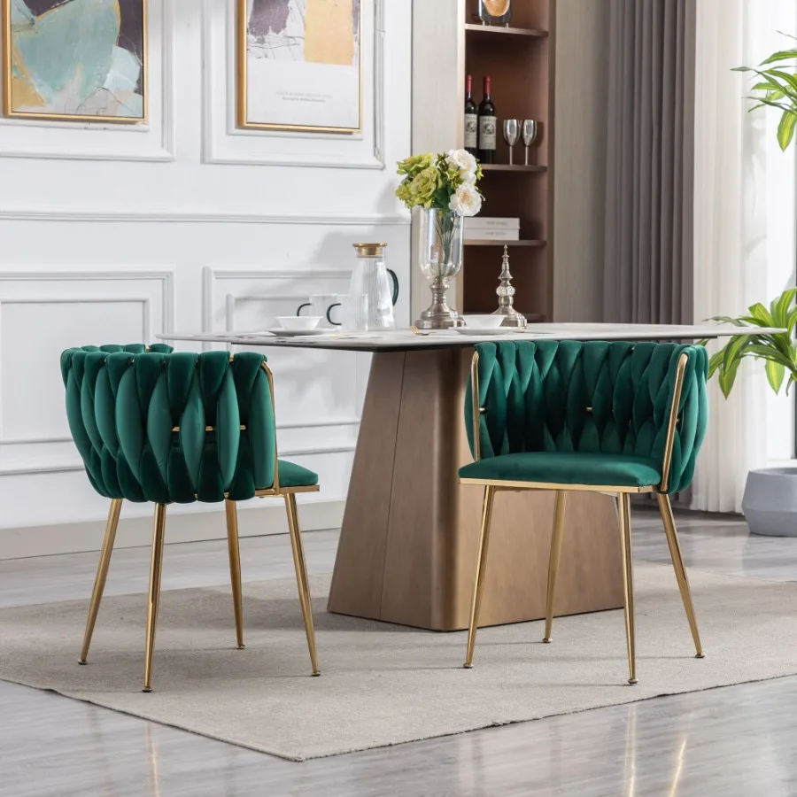 

Dining Chair Thickened fabric chairs with wood legs Set of 2 Green
