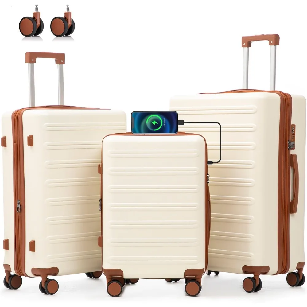 

luggage sets 3 Piece with Spinner Wheel,100% PC Material Lightweight Durable,Expandable Carry On Travel Hardside Suitcase sets w