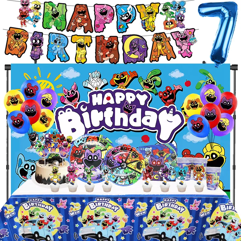 Smiling Critters Birthday Party Decoration Foil Latex Balloon Kids Event Supplies Disposable Tableware Catnap Banner Backdrop