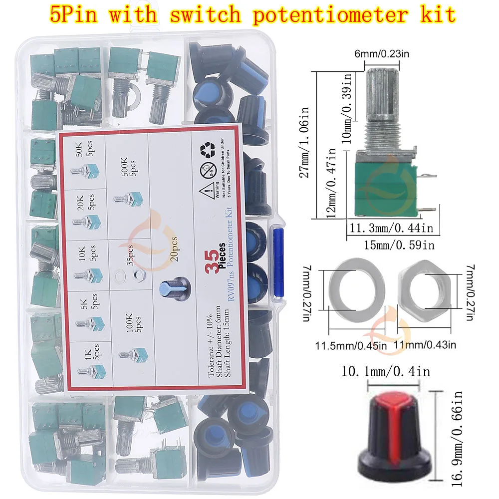 Kit surtido de potenciómetro Dual único, interruptor de 3 pines, 5 pines, 6 pines, amplificador de eje de Audio, sellado B1K, 2K, 5K10K, 20K, 50K, 100K, 250K, 500K