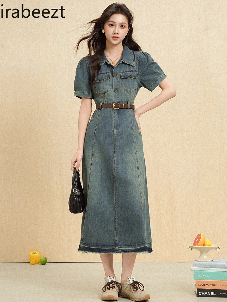 

Vintage Denim Short Sleeve Dress for Women High Waist A-Line Retro Button Down Shirt Dress Slim Fit Casual Summer Outfit