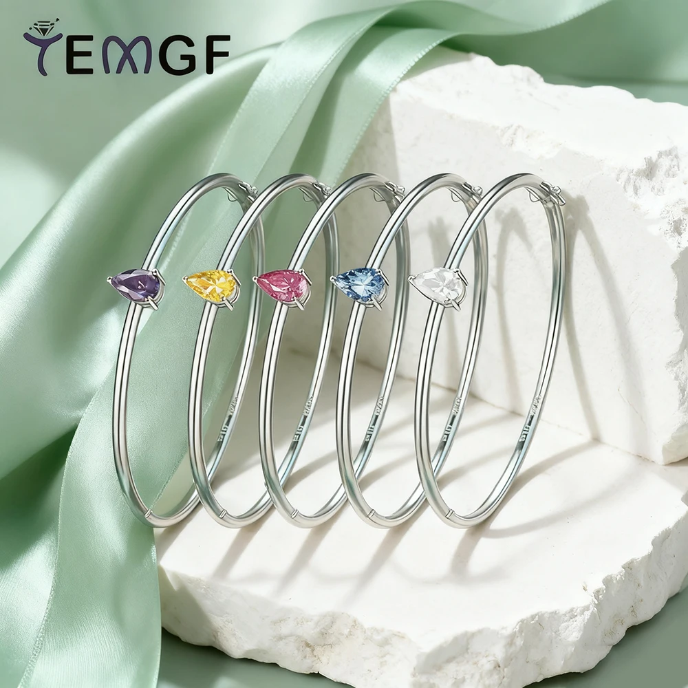 

TEMGF S925 Silver Bangle Solitaire Colorful Pear Cut Moissanite Bracelet for Women Simple Wedding Party Wrist Jewelry Certified