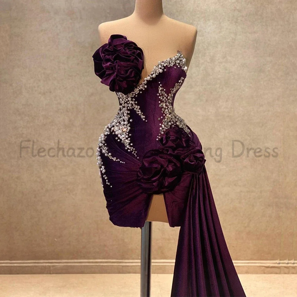 Flechazo Sexy Mini Cocktail Dress Dark Purple Strapless with 3D Flower and Pearls Women Side Sweep Train Party Banquet Gowns