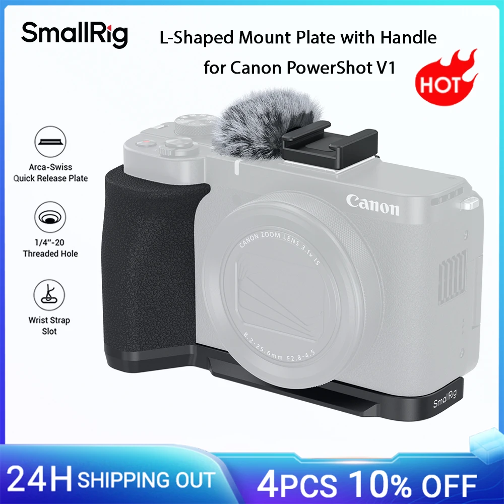Piastra di montaggio a L SmallRig con maniglia per Canon PowerShot V1, con pattino freddo per parabrezza peloso con piastra a sgancio rapido Arca-Swiss