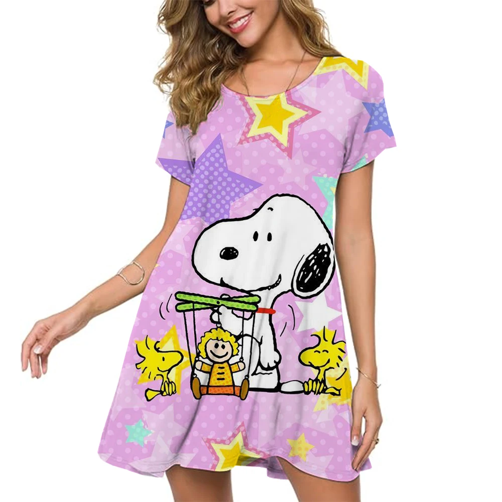 

Snoopy Summer Vacation Beach Style 3D Print Dresses For Women Oversized Short Sleeve Loose Clothing Casual O-Neck Dress