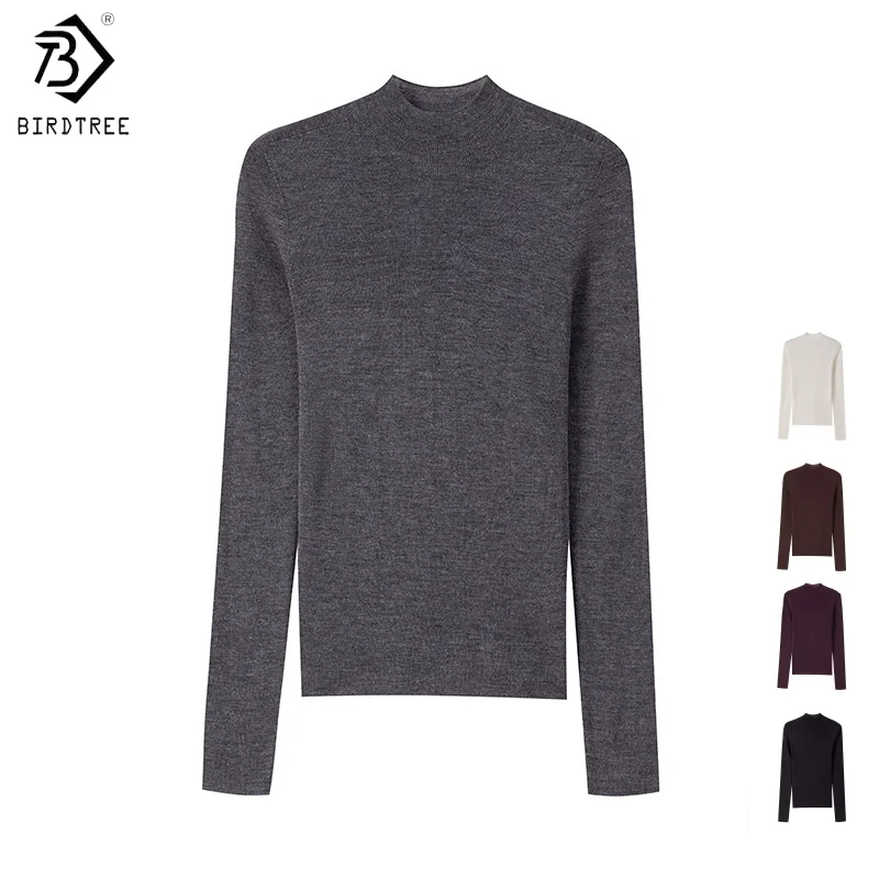 

Birdtree, трикотажная майка из 100% овечьей шерсти, женская бесшовная однотонная базовая рубашка с воротником-стойкой, мягкий пуловер осень/зима 2025T5N303JF