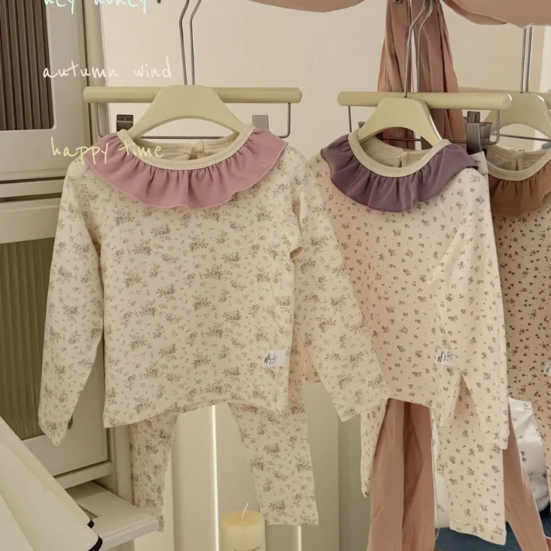 Kinder Floral Lotus Blatt Kragen Hause Kleidung Set Langarm Weiche Bequeme Frühling Herbst Pyjamas