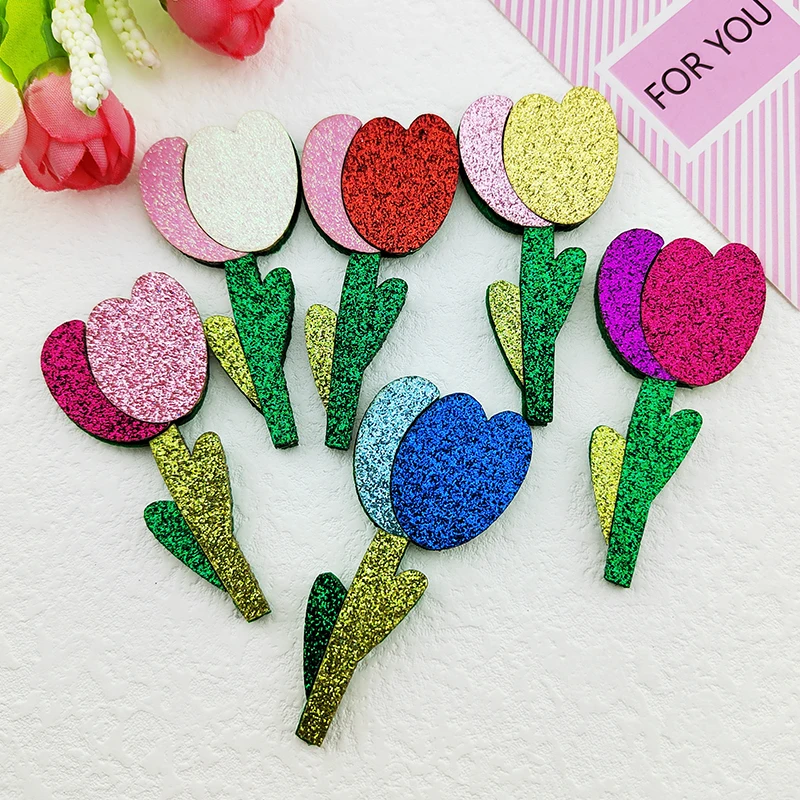 Wyściełane aplikacje do nakryć głowy DIY, spinki do włosów, brokatowy kształt kwiatu tulipana, naszywki na ubrania dekoracyjne, 3*6,5 cm, 20 sztuk/partia