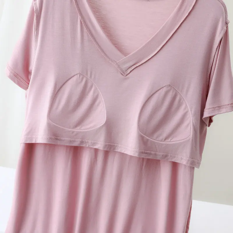 Modal V-Neck Tshirt Dress Mid-Length summer bra padded sleepdress short sleeves homewear dresses over the knee streetwear