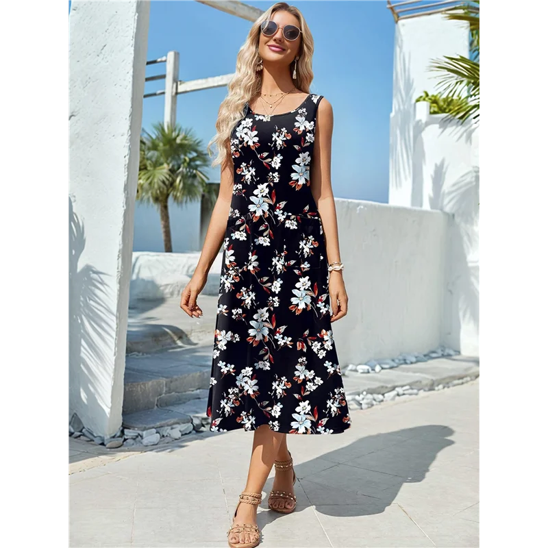 ABRT-Vestiti da donna estivi senza maniche floreali da spiaggia girocollo a vita alta a trapezio con tasche