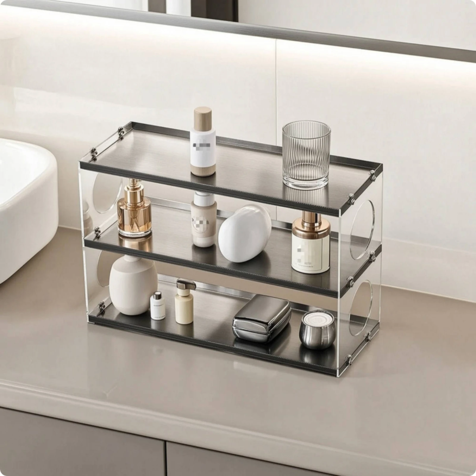tabletop-organizer-with-acrylic-shelves-stainless-steel-3-tier-storage-rack-desk-shelf-compact-sturdy-for-dressing-table