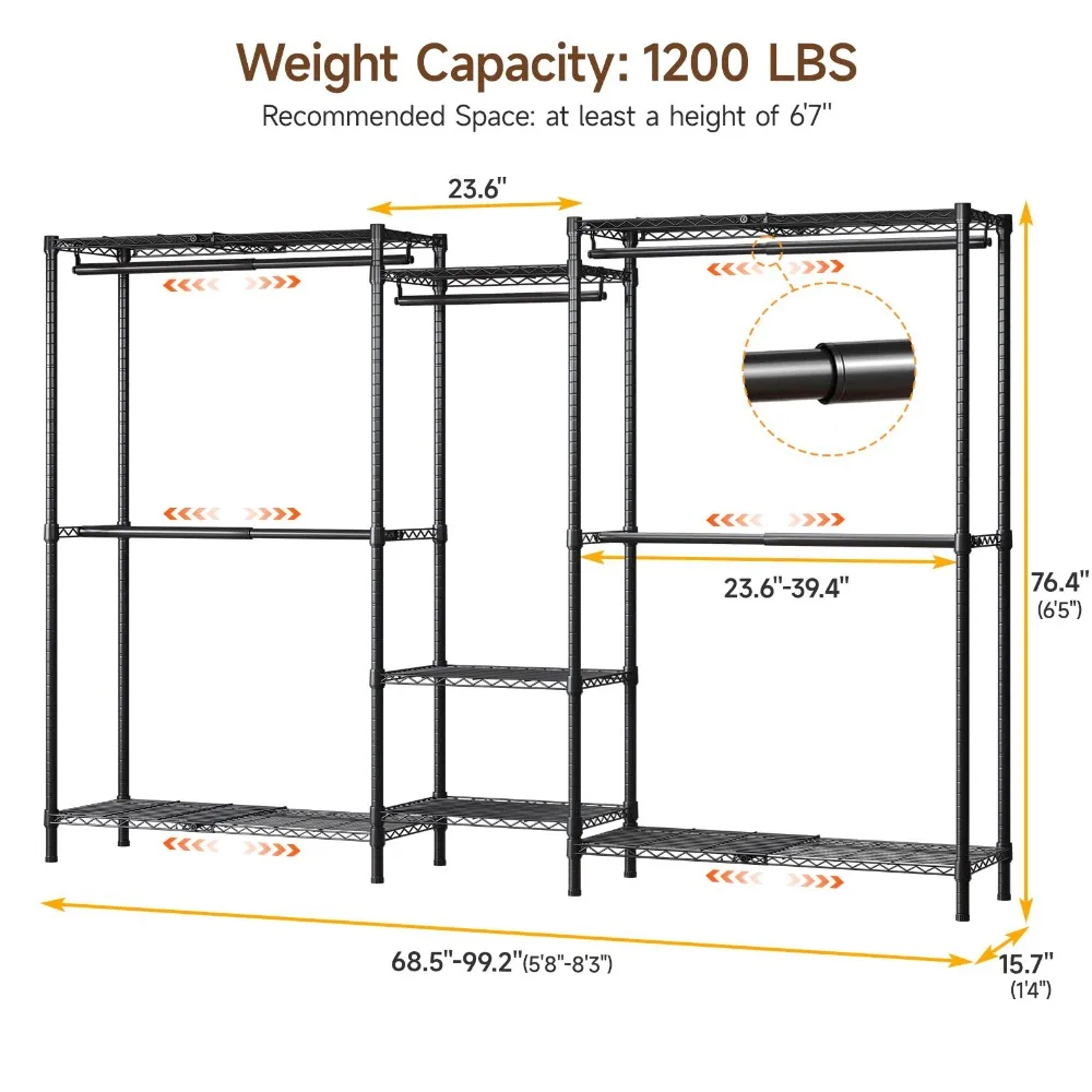 S3 Expandable Heavy Duty Clothes Rack Closet Organizer System Black