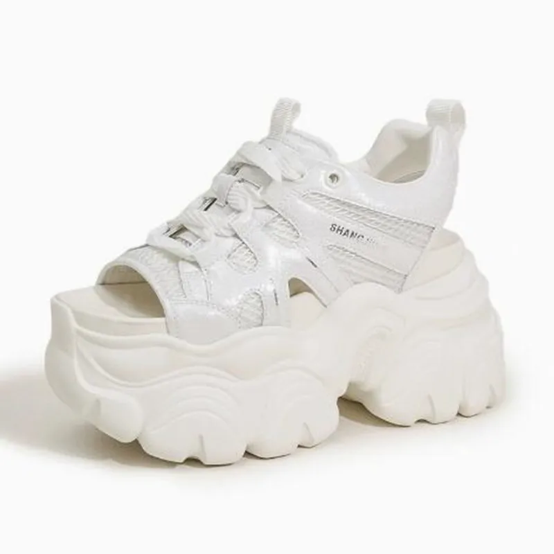 

Модные женские сандалии на платформе с танкеткой, 10 см, из синтетической микрофибры, с открытым носком, на массивной подошве, в стиле кроссовок