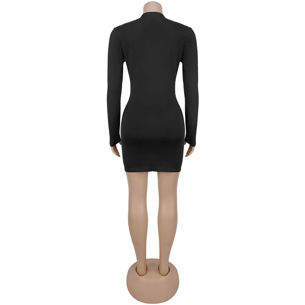 JENYAGE Damen Bodycon-Minikleid mit tiefem V-Ausschnitt und langen Ärmeln, goldener Metallring-Ausschnitt, gerafftes Design, Nachtclub-Party, schmal, sexy, Abendkleid, Schwarz – Detail 6