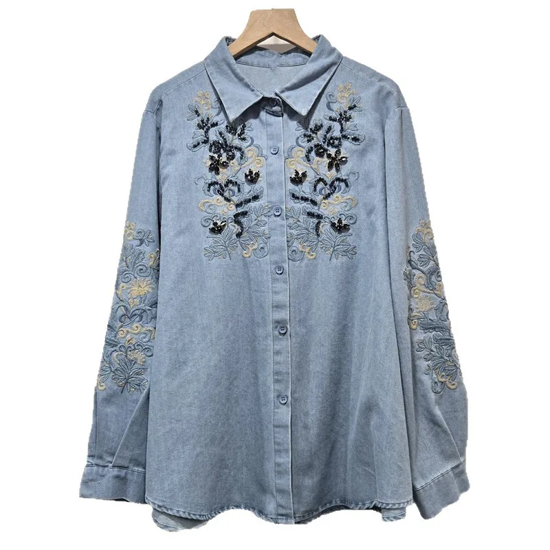 ANJY 2026 Early Spring New Women European Trendy Floral Embroidery Elegant Denim Shirt Ins Long Sleeve Loose Artistic Top A18514