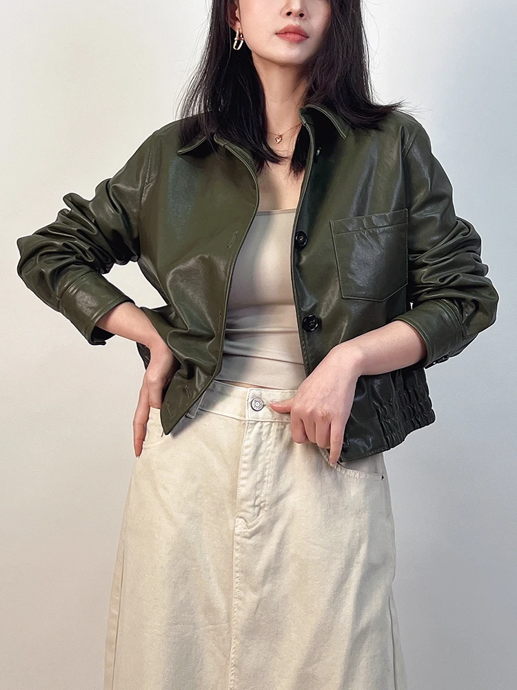 Vintage Genuine Leather Cropped Jackets for Women Spring Autumn High-end Simple Slim Single Breasted Soft Real Sheepskin Coat