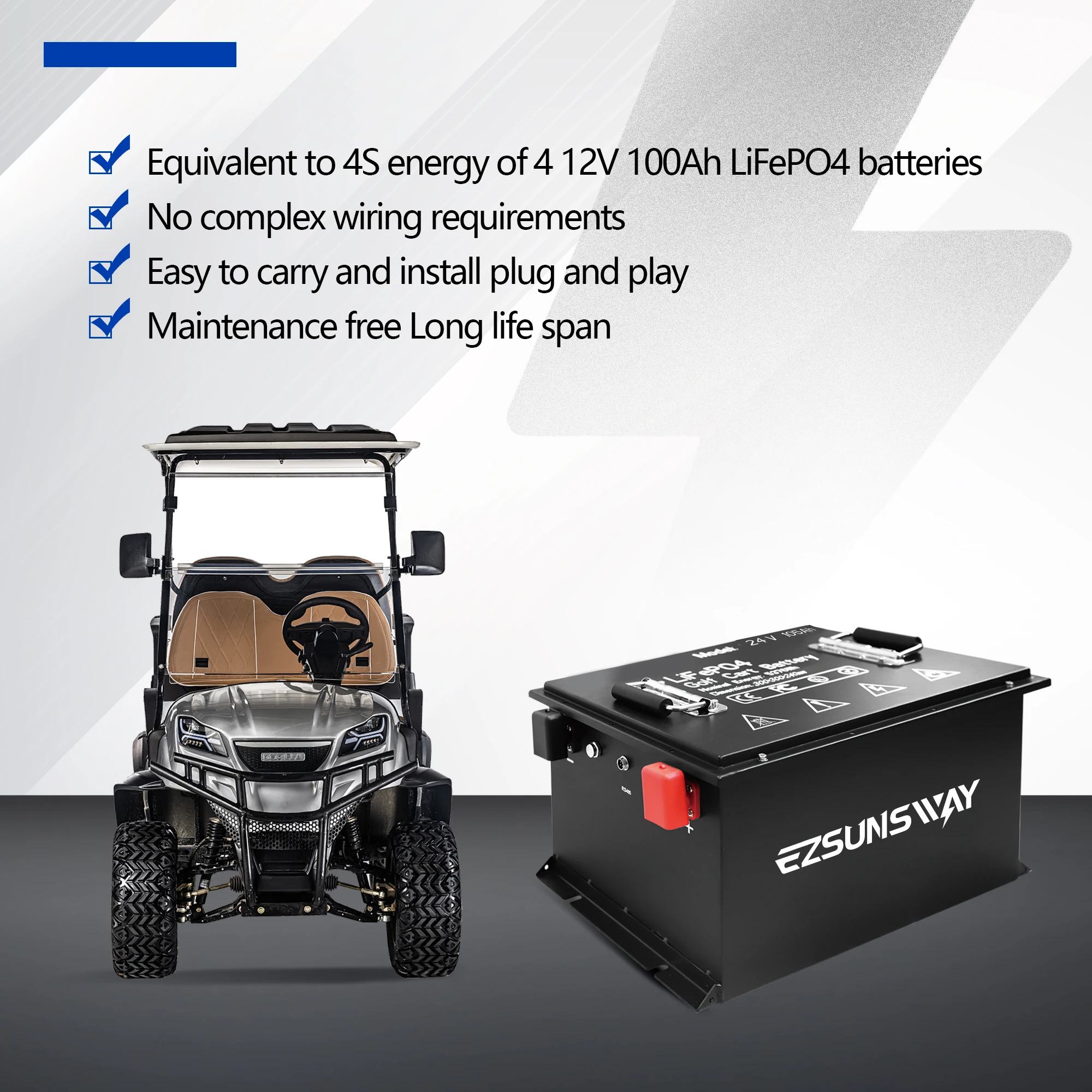 New 48V 105Ah LiFePO4 Battery with 25A Charger & LCD Screen, 200BMS, Self-Heating, for Golf Cart, Marine, Off-Grid, Boat, RVs