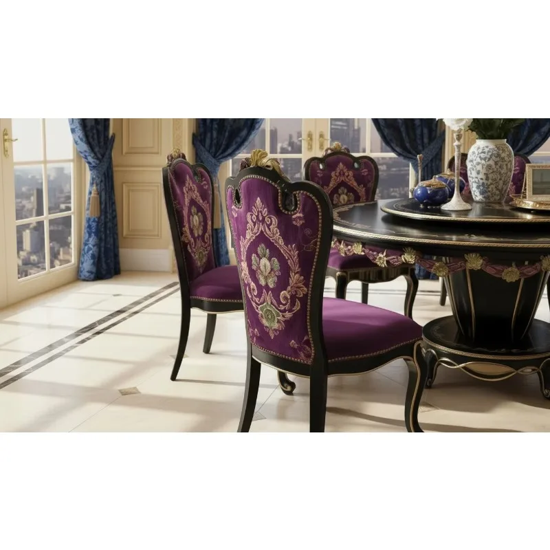 Luxury Royal European Style Antique Carved Wood Round Dining Table Set Turntable 6 Purple Velvet Chairs Hotel Villa Furniture