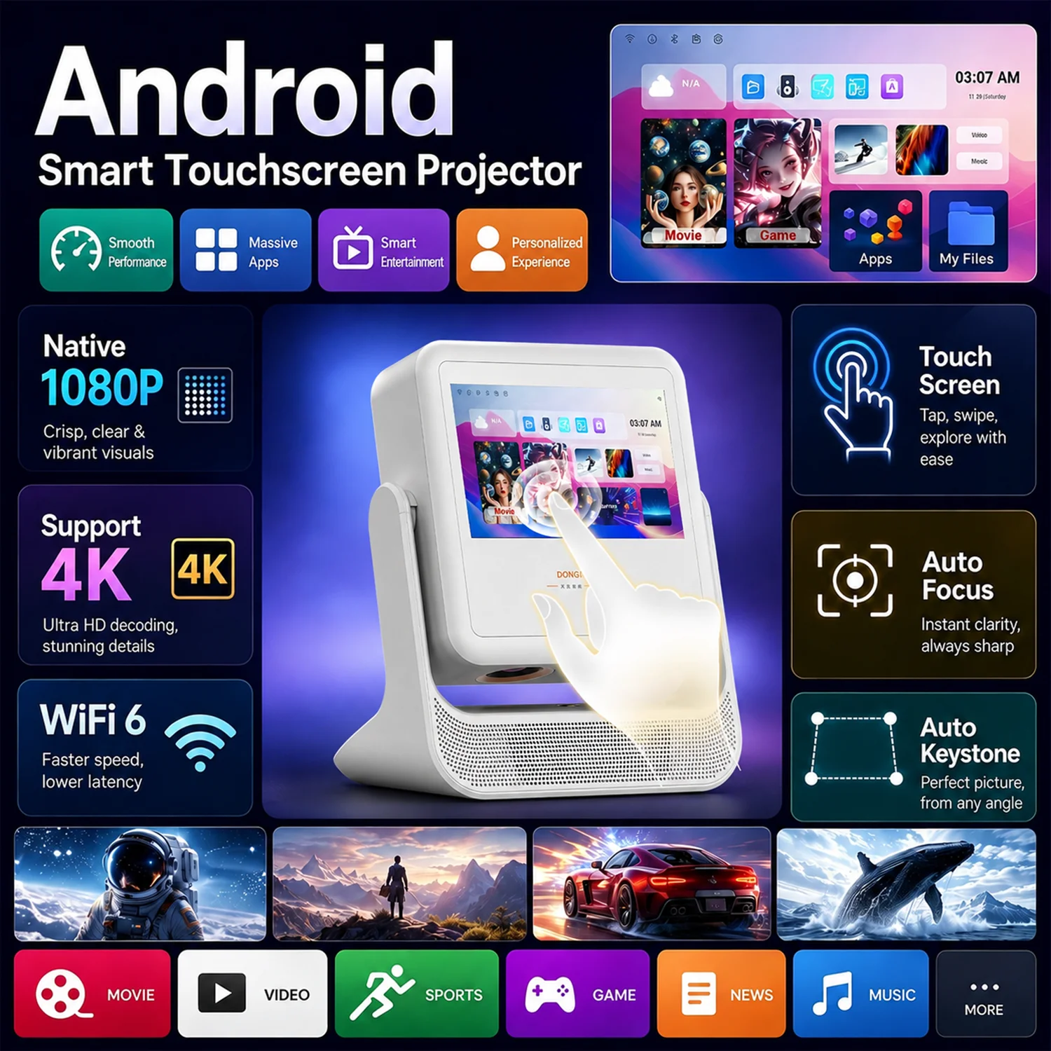 Home Cinema Kids - Android 12 7-Zoll-Projektor 4K 1080P Autofokus