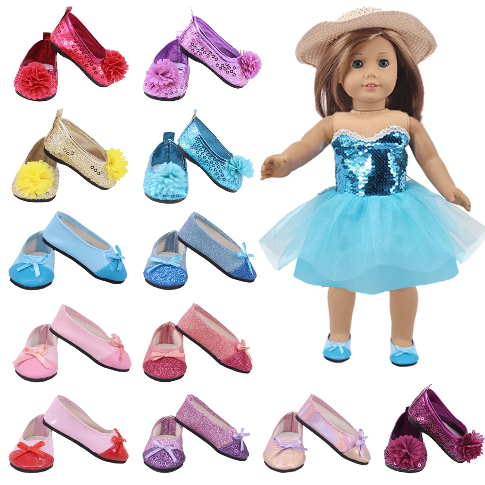 

7cm Low-top Sequin Bow Dance Shoes Dolls Shoes Fit 43cm Dolls Baby New Born and 18 inches American Doll Clothes Girls Doll Toys