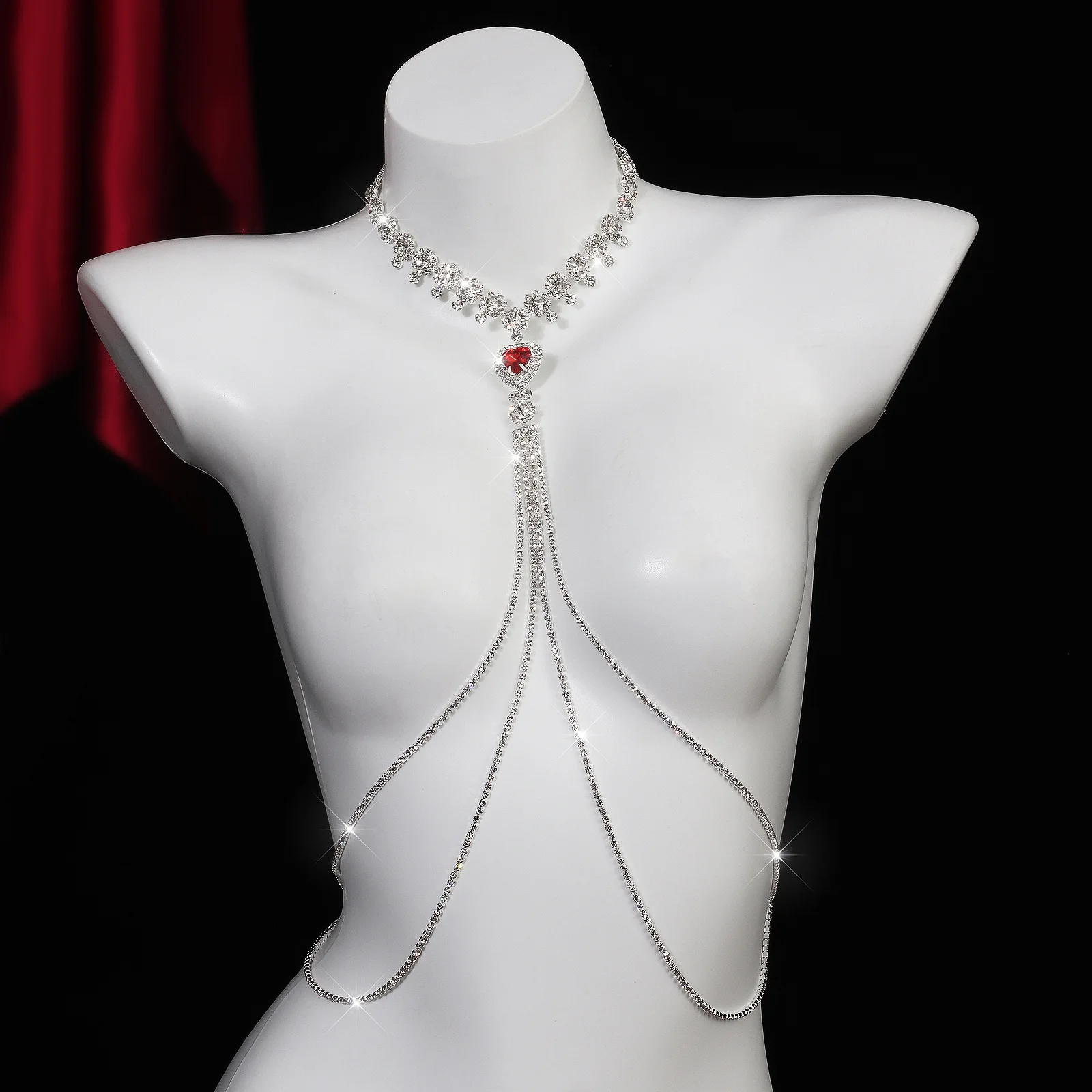 Romantic Red Heart Gemstone Body Chain Luxurious Rhinestone Necklace Harness Draping Crystal Chest Accessory For Evening Dress