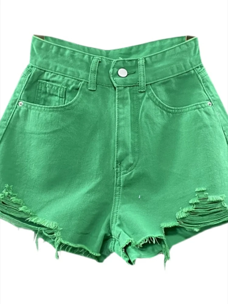 Pantaloni estivi a gamba larga di nuovo stile Pantaloncini di jeans strappati color caramello Pantaloni femminili a vita alta verde A-line Jeans da donna Pantaloncini caldi