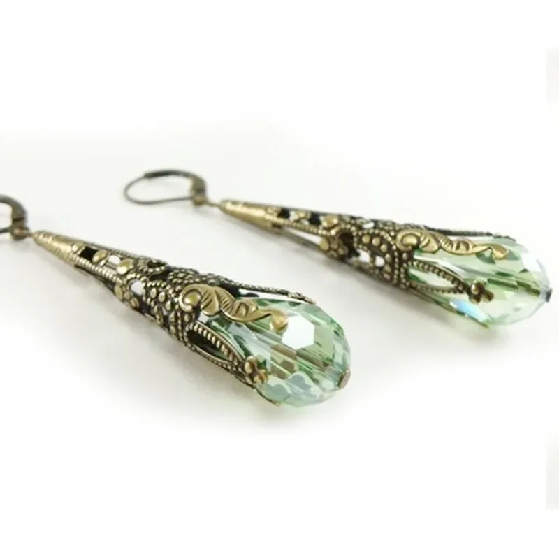 Peridot Earrings Long Dangle Earrings Brass  Earrings Champagne Crystal Earrings