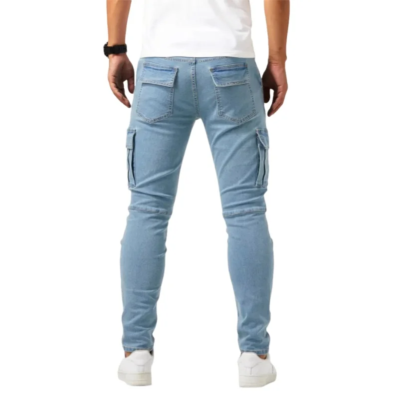 new Jeans Men Pants Wash Solid Color Multi Pockets Denim Mid Waist Cargo Jeans Plus Size Fahsion Casual Trousers Male Daily Wear