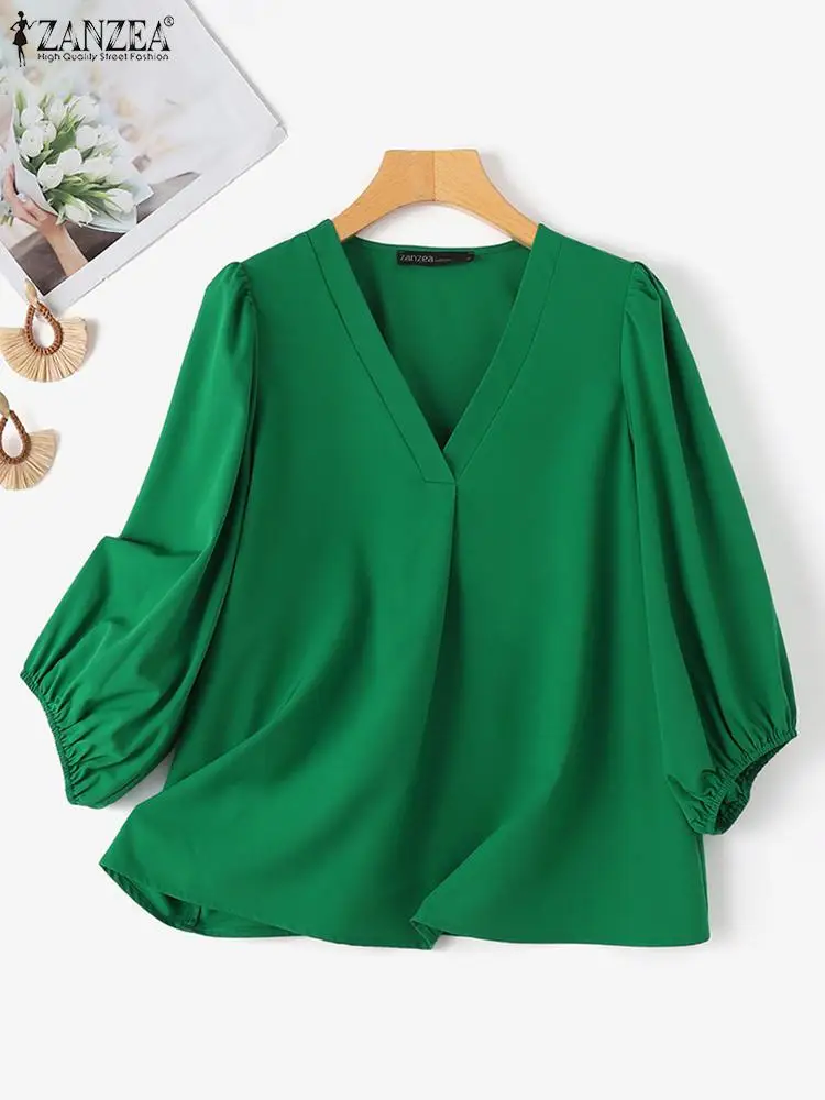 Women Fashion Long Sleeve Blouse ZANZEA Elegant Solid V Neck Shirt Casual Office Lady Tunic Tops Loose Work Blusas Chemise Mujer