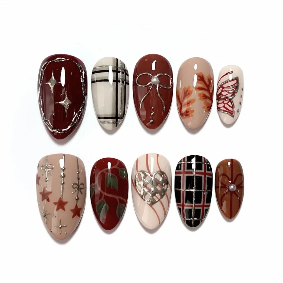 

24PCS Red Brown Fall Press on Nails Almond Shape Nails Plaid Print Silver Bow Heart Star Butterfly Acrylic False Nails Reusable