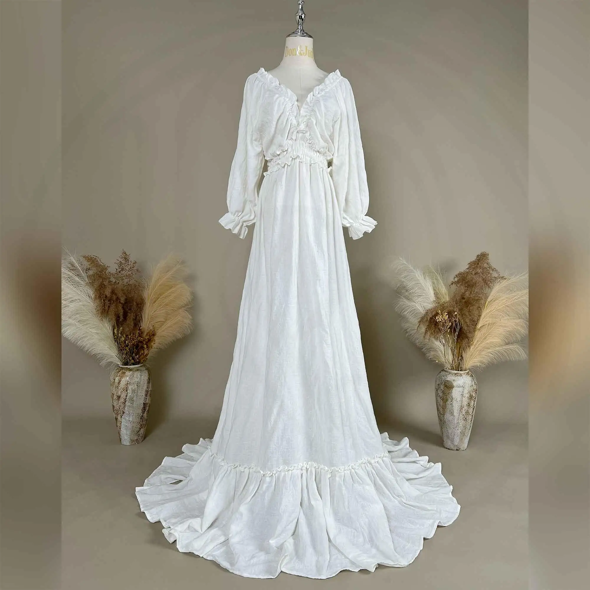 

Don&Judy Wedding Dress Simple Style V-neck Cotton Midi Sleeve With Slits For Formal Occasions, Party Pregnant Woman