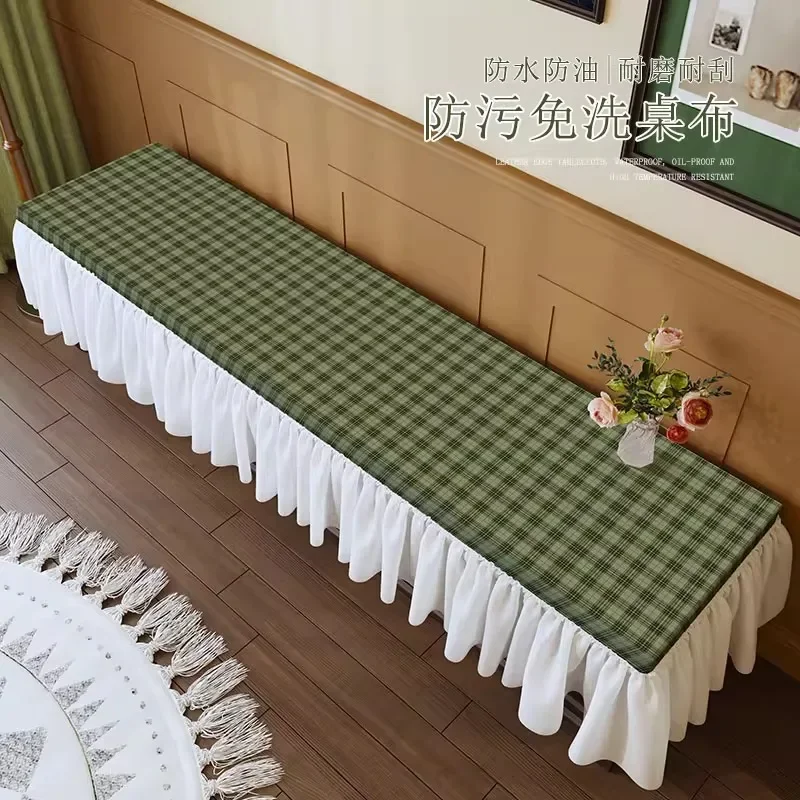 Plaid TV Cabinet TableCloth Oilproof Anti Slip Ruffle Skirt Sheepskin Texture  Furniture Protector Mat Indoor Home Decor Cover