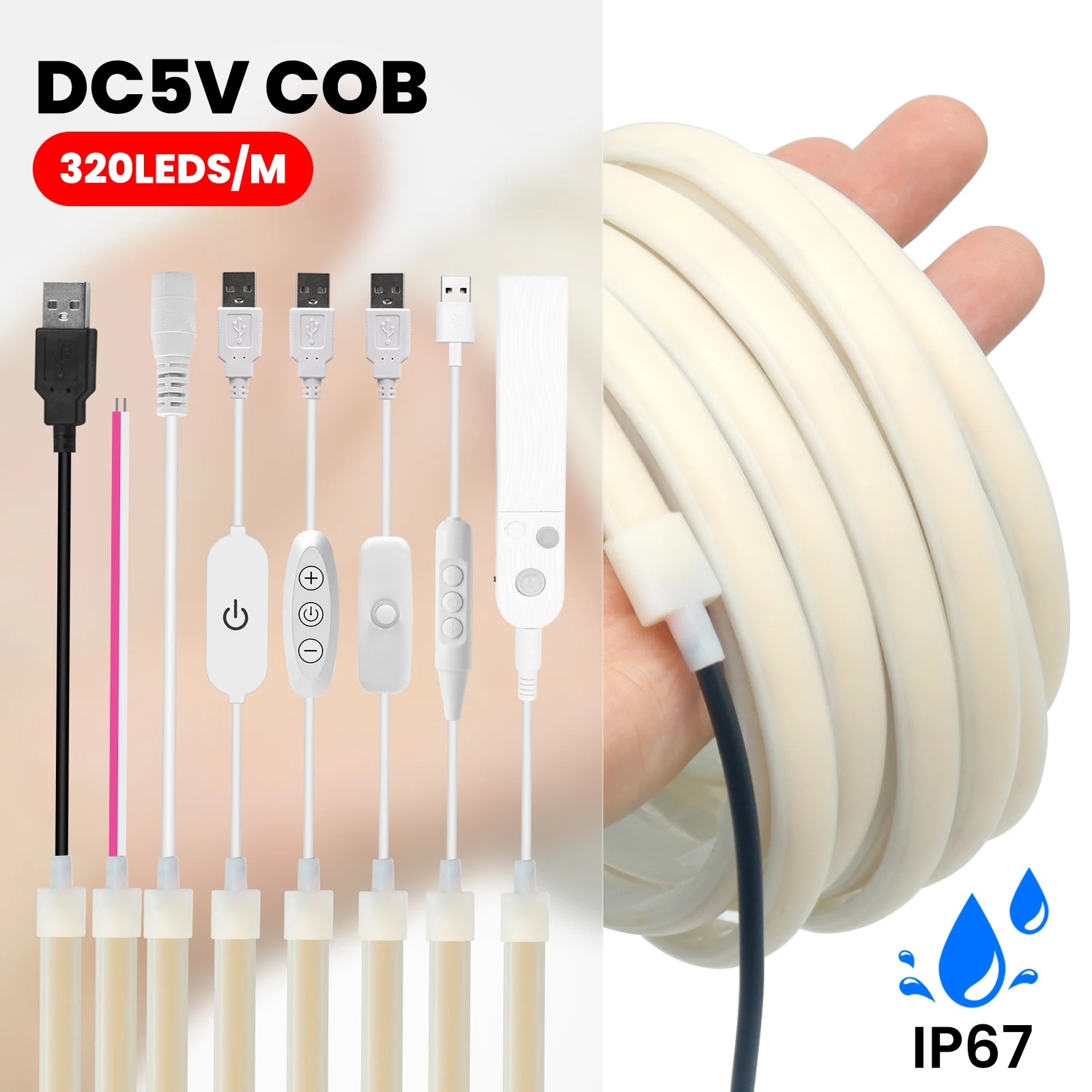 DC 5V Waterproof COB LED Strip 320LEDs/m Self Adhesive Flexible Light Tape Warm Natural Cool White Home TV Background