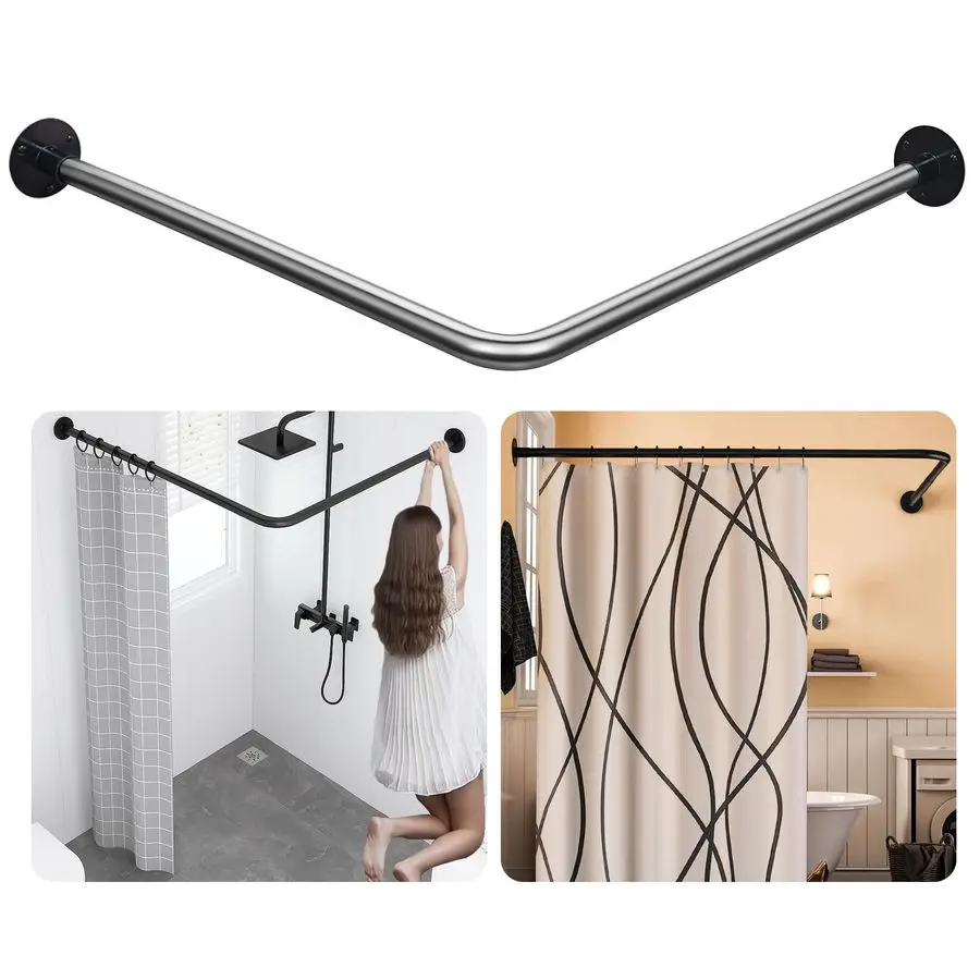 

Corner Shower Curtain Rod, Black 2453 x 2453 Adjustable, Unsagging, Drillfree Install,304 Stainless steel 90Curved Rod, Max Size
