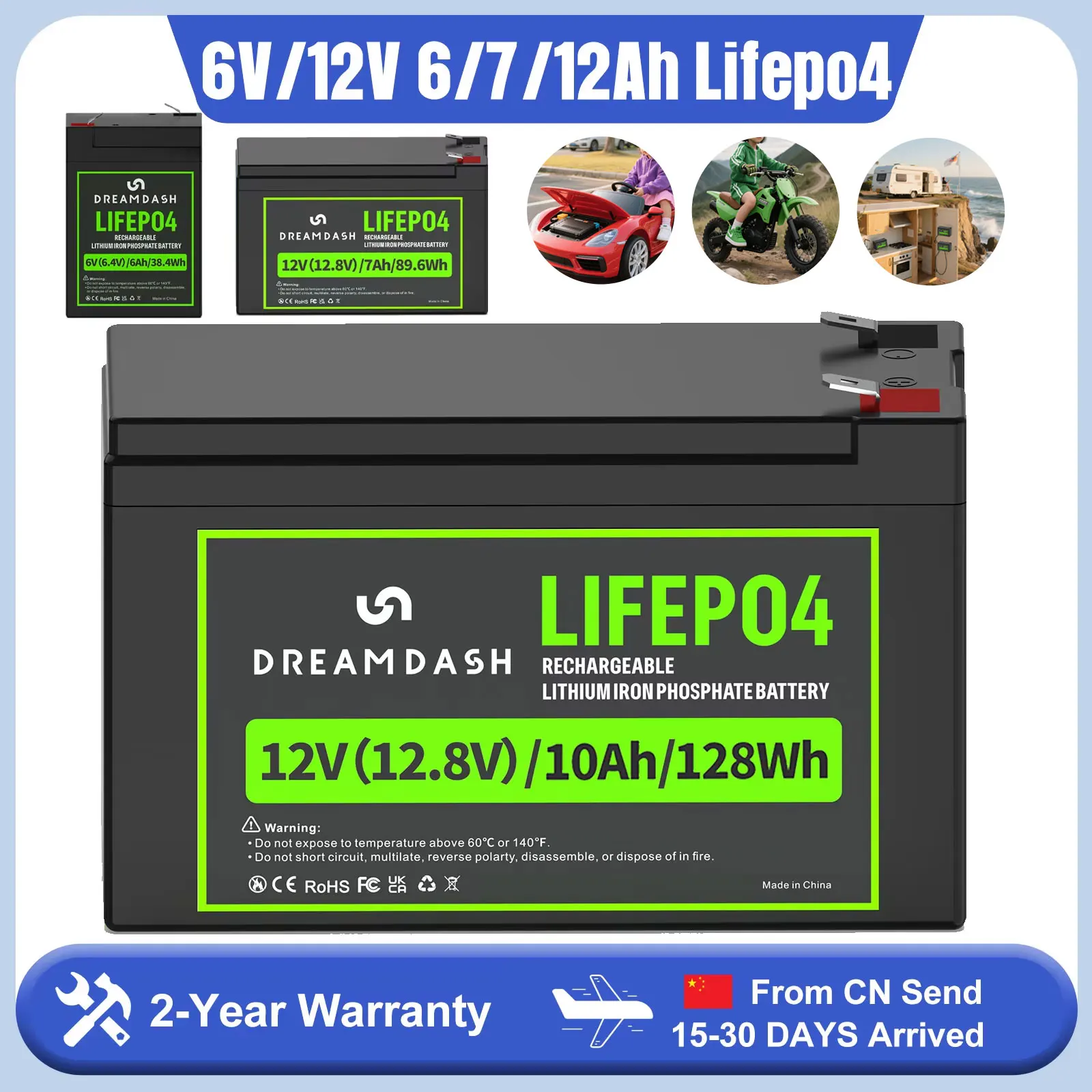 Аккумулятор LiFePO4 12 В 7 Ач/10 Ач/6 В 6 Ач -20 ° от C до 60 ° C с защитой BMS для солнечных контроллеров/UPS/RV/детского автомобиля/гольфа/мото