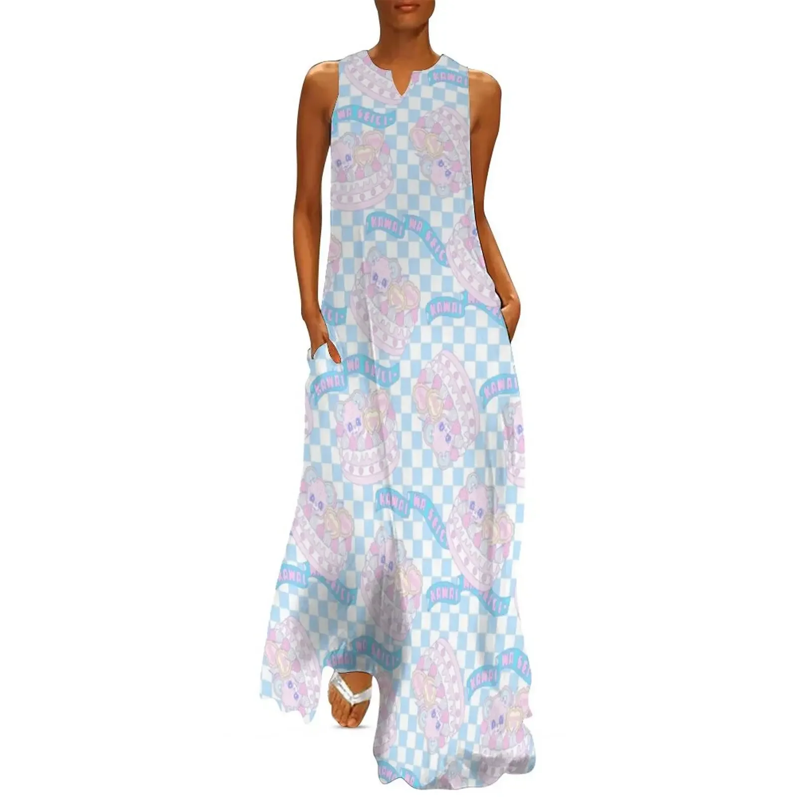 

Birthday Cake Pattern Blue Checkered Long Dress Woman clothes sexy dress Dress